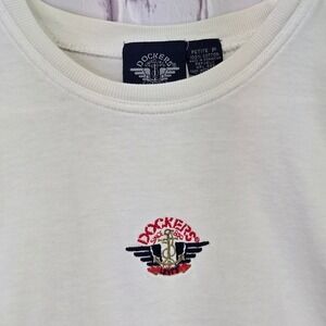 VTG Dockers Levis White TShirt Embroidered Anchor Logo Casual Top Womens Sz S